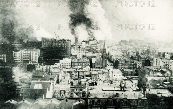 This 1899 illustration shows: “Destruction of San Francisco.” On the morning of April 18, 1906, a massive earthquake shook San Francisco, California. Though the quake lasted less than a minute, its immediate impact was disastrous. The earthquake also ignited several fires around the city that burned for three days and destroyed nearly 500 city blocks.