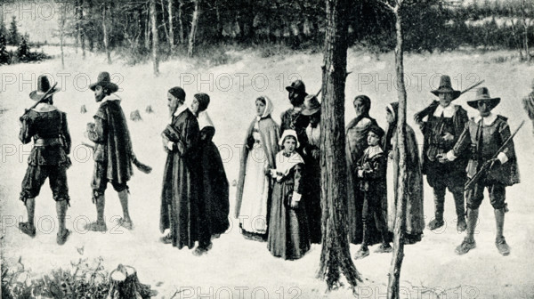 This 1899 illustration shows: “Pilgrims going to Church.”  In American history, the Pilgrims were the founders of Plymouth Colony in Massachusetts. The key members of the group were English separatists who had moved to Holland in 1607-08, to the municipality of Leiden (also Leyden). They obtained a charter from London Co. and, with the help of London merchants, sailed on the Mayflower in 1620.  In November 1620, the Mayflower reached near Provincetown. In March 1621, the Pilgrims disembarked at Plymouth, and the Mayflower returned to England in April. This 1899 illustrations shows the Pilgrims at Plymouth going to church.