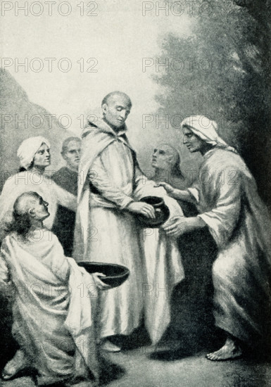 This 1899 illustration shows: “Buddha and Five Ascetics.” For the six years, Siddhartha (the Buddha) lived an ascetic life and partook in its practices, studying and meditating using the words of various religious teachers as his guide. He practiced his new way of life with a group of five ascetics, and his dedication to his quest was so stunning that the five ascetics became Siddhartha's followers. The artist is Stephen James Ferris (died 1915).