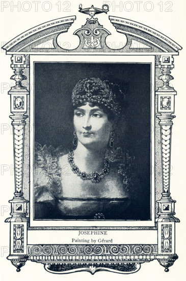 Josephine de Beauharnais (1763-1814) was the first wife of Napoleon I of France (Napoleon Bonaparte). As such, she was the first Empress of France. Her first husband was guillotined during the Reign of Terror. Her children by him married royalty. She had no children with Napoleon. This image of her is after the painting by her contemporary Baron Francois Gerard.