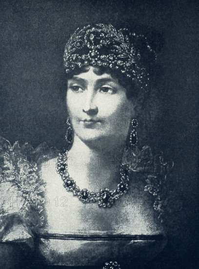 Josephine de Beauharnais (1763-1814) was the first wife of Napoleon I of France (Napoleon Bonaparte). As such, she was the first Empress of France. Her first husband was guillotined during the Reign of Terror. Her children by him married royalty. She had no children with Napoleon. This image of her is after the painting by her contemporary Baron Francois Gerard.