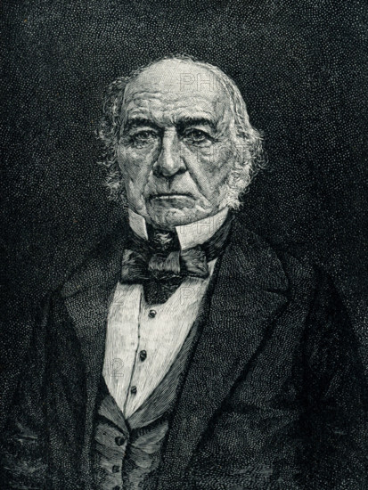 This 1899 illustration shows William Ewart Gladstone. Gladstone was a British statesman and Liberal politician. In a career lasting over 60 years, he served for 12 years as Prime Minister of the United Kingdom, spread over four terms beginning in 1868 and ending in 1894.