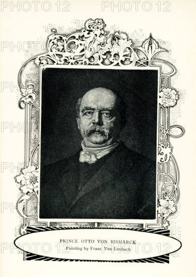 This 1899 illustration shows Prince Otto von Bismarck, as painted by Franz Seraph Lenbach, after 1882, Ritter von Lenbach. Lenbach was a German painter known primarily for his portraits of prominent personalities from the nobility, the arts, and industry. Because of his standing in society, he was often referred to as the 'Malerfürst'.