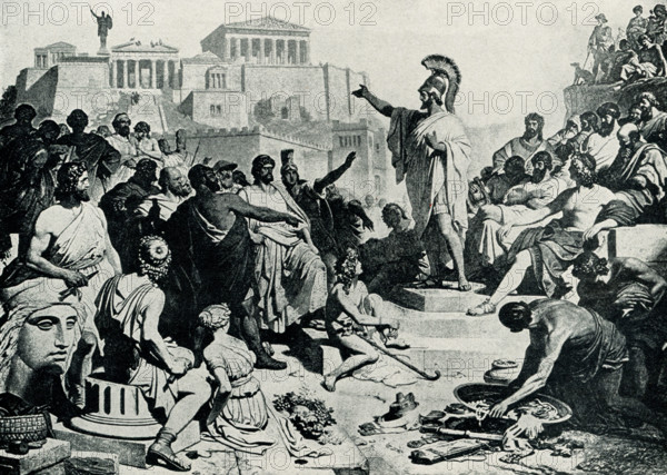 This 1899 illustration shows Pericles addressing the Athenians as depicted by Philipp Foltz (German history painter - died 1877). 'Pericles's Funeral Oration' is a famous speech from Thucydides' History of the Peloponnesian War. The speech was delivered by Pericles, an eminent Athenian politician, at the end of the first year of the Peloponnesian War as a part of the annual public funeral for the war dead. The year was 431 BC.