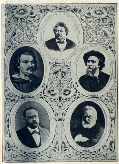 The French authors shown here are: Alexandre Dumas (1802-1870), Honore de Balzac (1799-1850), Alphonse Daudet (1840-1897), Emile Zola (1840-1902), Victor Hugo (1802-1885).