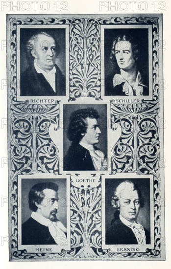 The German authors pictured here are, from left to right, top to bottom: Conrad Richter (1890-1968), Friedrich Schiller (1759-1805), Johann Wolfgang von Goethe (1749-1832), Christian Johann Heinrich Heine (1797-1856), and Gotthold Ephraim Lessing (1729-1781).