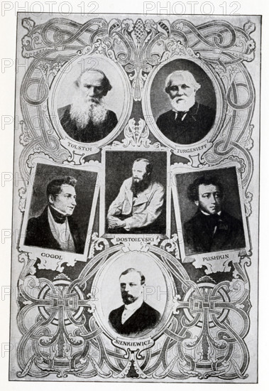 The Russian authors pictured here are, from left to right, top to bottom: Tolstoy (1828-1910), Turgenieff (Turgenev) (1818-1883), Gogol (1908-1852), Dostoevsky (1821-1881), Pushkin (1799-1837), and Sienkiewicz (1846-1916).