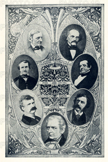 The American authors pictured here are, from left to right, top to bottom: Ralph Waldo Emerson (1803-1882), Nathaniel Hawthorne (1804-1864) , Edgar Allan Poe (1809-1849), Washington Irving (1783-1859), Samuel Langhorne Clemens (Mark Twain) (1835-1910), Bret Harte (1836-1902), and James Fenimore Cooper (1789-1851).