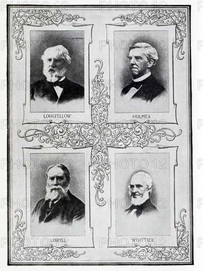 The American authors pictured here are from left to right, top to bottom: Henry Wadsworth Longfellow (1807-1882), Oliver Wendell Holmes (1809-1894), James Russell Lowell 1819-1891), John Greenleaf Whittier (1807-1892).