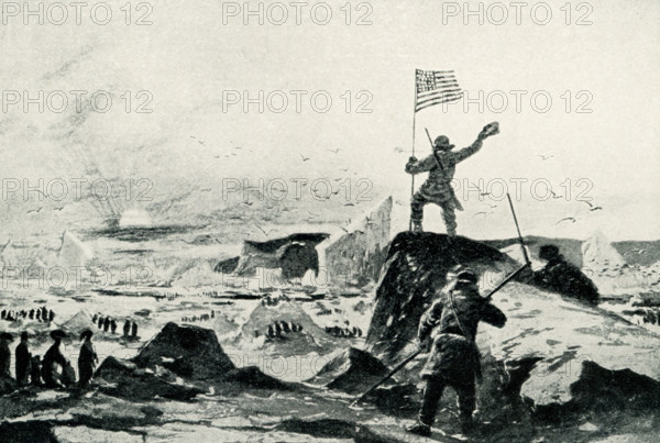 This 1899 image shows Captain Wilkes discovering the Antarctic continent.  From 1838 to 1842, Wilkes commanded an exploring and surveying expedition that took him ultimately into the Antarctic Ocean and along the Antarctic barrier, where he reported land at a number of points in the region subsequently known as Wilkes Land.