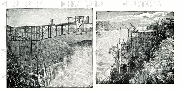 The 1899 cpation for these images reads: “Cantilever Bridge Niagara Falls as in course of construction for Michigan Central Railroad.” The Niagara Cantilever Bridge or Michigan Central Railway Cantilever Bridge was a cantilever bridge across the Niagara Gorge. An international railway-only bridge between Canada and the United States, it connected Niagara Falls, New York, and Niagara Falls, Ontario, located just south of the Whirlpool Bridge, and opened to traffic in 1883, it was replaced by the Michigan Central Railway Steel Arch Bridge in 1925.