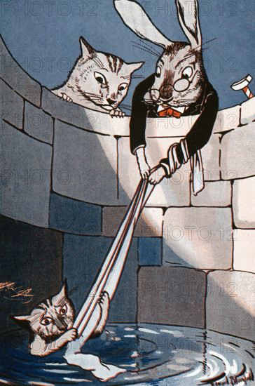 Uncle Wiggily Longears is the main character of a series of children's stories by American author Howard R. Garis (1873-1962). This illustration is from Garis’s “Uncle Wiggily and Alice in Wonderland” and shows Uncle Wiggily and Scarf and Cat in Well. Uncle Wiggily stories first appeared in the 'News' in 1910, were syndicated in 1915, and continued to be published for more than forty years, at one time appearing in one hundred newspapers. Garis wrote 35 volumes of Uncle Wiggily stories under his own name, as well as numerous other children's books under several pseudonyms. William Edward Bloomfield Starkweather was also a painter, teacher, and writer, known for impressionist landscape, paintings and book illustrations.