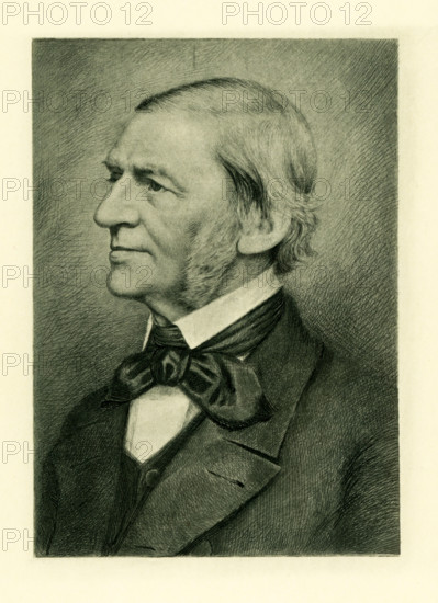 This photogravure of Ralph Waldo Emerson is from an etching by E. Reich and done around 1908. Emerson (1803-1892) was an American essayist, poet, and philosopher. He was pastor of Old North Church in Boston, Massachusetts. His writings include Essays ( 1st series, 1841; 2d series, 1844) -the best known being 'The Over-Soul' and 'Self-Reliance.'  Other writings include 'Nature' and 'Representative Men.'.