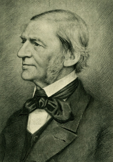 This photogravure of Ralph Waldo Emerson is from an etching by E. Reich and done around 1908. Emerson (1803-1892) was an American essayist, poet, and philosopher. He was pastor of Old North Church in Boston, Massachusetts. His writings include Essays ( 1st series, 1841; 2d series, 1844) -the best known being 'The Over-Soul' and 'Self-Reliance.'  Other writings include 'Nature' and 'Representative Men.'.