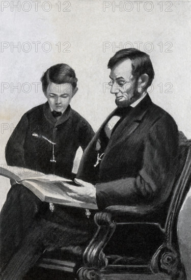 The caption for this image reads: 'Lincoln and his son Thomas known as Tad - fron photograph by Brady.'  Abraham Lincoln was the 16th president of the United States. He served from March 1861 to his assassination on April 15, 1865. He was chosen as the Republican candidate at the Convention in 1860. Lincoln was a lawyer, but before he went to law school, he held a variety of jobs.