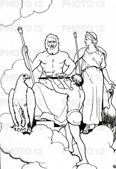 Jupiter, also known as Jove, is the god of sky and thunder,  as well as the king of gods in Ancient Roman Mythology. Jupiter is the top god of the Roman pantheon. Jupiter was considered the chief deity of Roman state religion during the Republican and Imperial eras until Christianity became the dominant religion. Here on his throne on Mount Olympus, he has his eagle with him. The eagle served as Jupiter’s personal messenger. Myths said an eagle have carried the youth Ganymede to Olympus, where he served as the gods' cupbearer. Jupiter was known to the Greeks as Zeus.