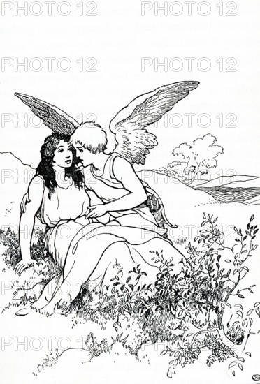 According to Greek and Roman mythology, Cupid (Eros to the Greeks) was the god of love. His mother, Venus (Aphrodite), was jealous of Psyche, a mortal princess, and sent Cupid to shoot her with a love arrow that would make her fall in love with a horrible creature. By accident, Cupid pricked himself as he did so and reversed the effect on Psyche. Venus tried unsuccessfully to keep the two apart. Finally, Cupid and Pysche (seen here together) were allowed to marry, and Psyche was granted  immortality.