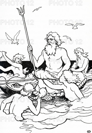 In ancient Roman mythology, Neptune was the god of the sea. To the ancient Greeks, he was Poseidon. He is often shown with long hair and sporting a bearded, as well as holding a trident, a three-pronged spear that is used for fishing and that is often associated with this god.