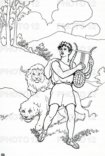 In Greek mythology, Orpheus was a famed Thracian bard whose lyre music charmed even the wildest of animals (seen here) and even plants, trees, and rocks. The son of the Muse Calliope, he married the nymph Eurydice after taking part in the Argonaut expedition. According to Greek mythology, after a snake killed her, Orpheus went to Hades (the Underworld) to fetch her. Charmed by his music, the gods freed her, but on the condition that he not look at her until he reached the upper world. As he neared the upper world, he looked back and, as a result, she vanished from his grasp back to the Underworld.