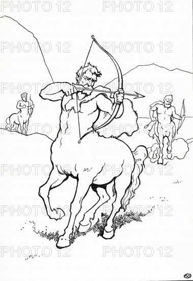 Pictured in this 1915 image is a Centaur. In Greek mythology, the Centaurs were creatures who were half-man and half-horse. Chiron was considered the oldest and wisest Centaur. He was said to have tutored young Jason. Chiron was the son of Cronos.