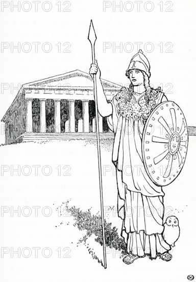 In Greek and Roman mythology, Athena, also spelled Athene, was the Olympian goddess of wisdom and good counsel, war, the defense of towns, heroic endeavor, weaving, pottery and various other crafts. Her symbol was the owl. She was depicted as a stately woman armed with a shield and spear, and wearing a long robe, crested helm, and the famed aigis—a snake-trimmed cape adorned with the monstrous visage of the Gorgon Medusa.