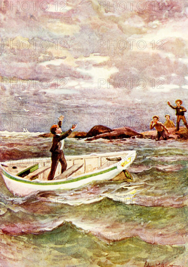 The caption for this 1902 image is: Drifting out to Sea. It is from The Cruise of the Dolphin, from The Story of a Bad Boy by Thomas Bailey Aldrich, with Tom the hero of tale. The Story of a Bad Boy is a semi-autobiographical novel published in 1869 by American writer Aldrich, fictionalizing his experiences as a boy in Portsmouth, New Hampshire.