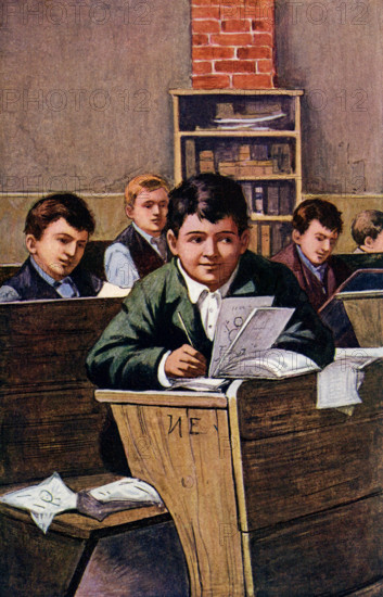 The caption for this 1902 image reads: The Country Boy at the District School. It complemented the chapter Fun Out of school in the memoir Being a Boy by Charles Dudley Warner. 'Being A Boy' (published 1878) is  Warner's profound and entertaining memoir of his childhood spent growing up on a Massachusetts farm. Warner (1829 -1900) was an American novelist and essayist. He was a close friend of Mark Twain, and co-authored 'The Gilded Age: A Tale of Today' with him.