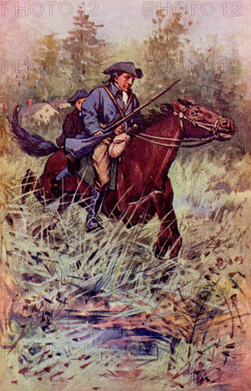 The caption for this illustration reads: And Horse Shoe Robinson put his horse to a gallop. It is from the 1835 novel, an historical romance set during the American Revolution titled Horse Shoe Robinson by John P Kennedy. A Tale of the Tory Ascendency, it was a popular seller in its day. The novel was Kennedy's second, and proved to be his most popular.