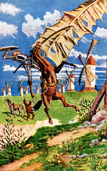 This illustration shows Don Quixote’s Adventures with Windmills. Don Quixote is a middle-aged gentleman from the region of La Mancha in central Spain, who is obsessed with the chivalrous ideals praised in books he has read. After a first failed adventure, he sets out on a second one with a somewhat befuddled laborer named Sancho Panza, whom he has persuaded to accompany him as his faithful squire. One of the most famous stories in the book is Don Quixote's fight with the windmills. He sees some windmills and thinks they are giants. When he rides to fight with them, he is knocked off his horse. Sancho tells him they are only windmills, but Don Quixote does not believe him. The novel was published in 1605 by Spanish writer Miguel de Cervantes.