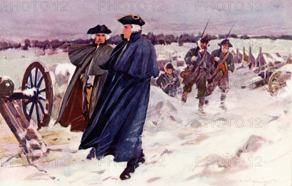 The Continental Army was established in 1775, after the outbreak of the American Revolution, by the Continental Congress. Valley Forge in southeastern Pennsylvania was the site of the main camp from December 1777 to June 1778 and the troops suffered through a severe winter. George Washington was the commander in chief. He is shown here at Valley Forge in this 1902 illustration.