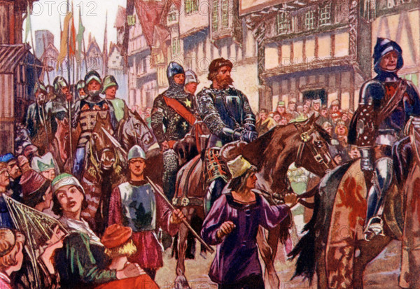 This 1902 illustration shows Wallace taken to London in Chains. Sir William Wallace promoted active resistance to the rule of King Edward I in Scotland after Edward forced the abdication and usurpation of the crown of John Balliol. Following defeat at the Battle of Falkirk on July 22, 1298, Wallace went to France where he attempted to gain French support for rebellion in Scotland but the effort proved ultimately futile and Wallace, back in Britain but refusing to submit to English rule, remained on the run. He was captured on August 5, 1305, by Sir John Monteith near Glasgow. Taken to Carlisle, he was bound hand and foot before being taken south to London in chains. Condemned as guilty, he was taken to the Tower of London and then hanged on a gallows.