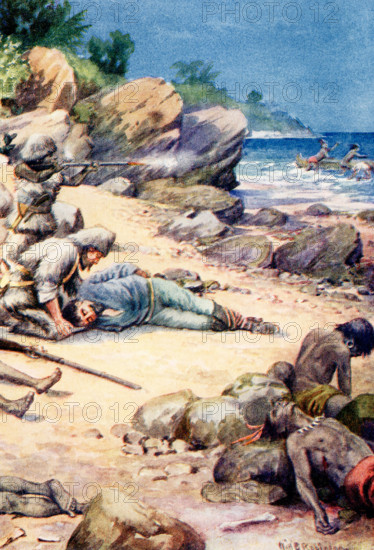 The 1917 caption reads: Robinson ran to the white prisoner and cut his bonds.” Robinson Crusoe is a novel written by the English novelist Daniel Defoe and published in 1719. A fictional autobiography,  it tells the tale of an English castaway named  Robinson Crusoe (here seen saving a man from a group of cannibals) who spent 28 years on a remote tropical island near Venezuela before he was rescued.