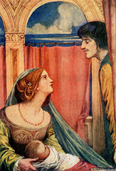 The 1917 caption reads: The Curtain at the Doorway was drawn aside  - [from] Canterbury Tales  [by[ Chaucer- Griselda.” Griselda is a character in folklore who represents patience and loyalty. Her story is an allusion to the 'Book of Job' in The Bible and appears in The Canterbury Tales in 'The Clerk's Tale. The Decameron, a fourteenth-century collection of stories, tells the tale of Griselda, a peasant woman who was put through a series of tests by her rich husband, the Marquis Gualtieri di Saluzzo. This is the final panel of a series of three; it shows the couple's reunion after Griselda's ordeal.