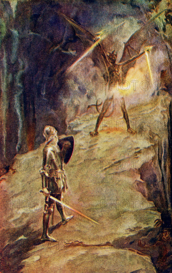 The 1917 caption reads: “Then did Christian draw his sword Pilgrim's Progress.” The Pilgrim’s Progress, is a religious allegory by the English writer John Bunyan, published in two parts in 1678 and 1684. The work is a symbolic vision of the good man’s pilgrimage through life. Christian is the central character of the book and the hero of the pilgrimage. Because Bunyan wrote The Pilgrim's Progress as an allegory rather than a novel, Christian is not represented as particularly complicated or conflicted and has a simple personality.