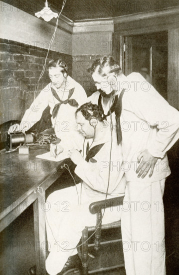 This photo that dates to the time of World War I shows a wireless telegraph station on a U.S. battleship.