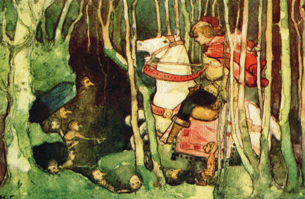 The caption for this 1917 illustration reads: “I saw in a great cavern a group of little goblins - Undine by Friedrich Baron de la Motte Fouque adapted by Mary MacGregor.” The image illustrates Undine, a fairytale novella by Friedrich de la Motte Fouqué in which Undine, a water spirit, marries a knight named Huldebrand in order to gain a soul. Published in 1811, it is an early German romance, which has been translated into English and other languages.