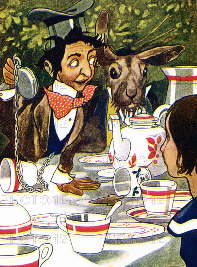 The caption for this 1917 illustration reads: “What day of the month is it he said— Alice in Wonderland.” The illustration accompanies text in Chapter VII – The Tea Party. The text runs: `What day of the month is it?' he said, turning to Alice: he had taken his watch out of his pocket, and was looking at it uneasily, shaking it every now and then, and holding it to his ear. Alice considered a little, and then said `The fourth.” Alice's Adventures in Wonderland is an 1865 English children's novel by Lewis Carroll. A young girl named Alice falls through a rabbit hole into a fantasy world of anthropomorphic creatures. It is seen as an example of the literary nonsense genre.