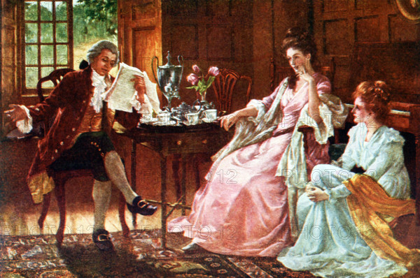 In this early 1900s illustration, a man is reading to two women in a room in their home.