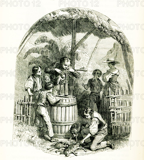 Swiss Family Robinson. The caption reads: “Skinning a Kangaroo.” The Swiss Family Robinson (German: Der Schweizerische Robinson) is a novel by Johann David Wyss, first published in 1812, about a Swiss family of immigrants whose ship en route to Port Jackson, Australia, goes off course and is shipwrecked in the East Indies.