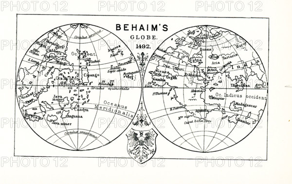 This illustration shows Behaim's globe in 1492. Martin Behaim (1459-1507), also known as Martin von Behaim and by various forms of Martin of Bohemia, was a German textile merchant and cartographer. He served John II of Portugal as an adviser in matters of navigation and participated in a voyage to West Africa. The Erdapfel is a terrestrial globe produced by Martin Behaim from 1490–1492. The Erdapfel is the oldest surviving terrestrial globe. It is constructed of a laminated linen ball in two halves, reinforced with wood and overlaid with a map painted on gores by Georg Glockendon.