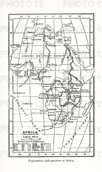 This map shows the exploration and partition of Africa during the late 1700s and the 1800s. The explorers whose routes are included are: Livingstone (1849-73); Barth (1850), Baker (1864); Brown (1796); Bruce (1768); Denham (1823-4); Stanley (1877-87); Callie (1827-8); Nachtigall (1872); Mango Park (1798); Cameron (1875); Clapperton (1823-4).