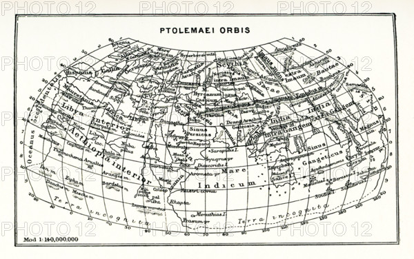 This map shows the world according to Ptolemy. The scale is 1 to 140,000,000. Ptolemy, an Alexandrian astronomer, lived around 150 A.D. His map consisted mainly of lists of places marked on the maps that were circulating at the time and that he made his authorities. He added latitudes and longitudes.