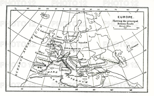 This map of europe shows the principal ancient Roman roads throughout the area. The network of public Roman roads covered around 76,000 miles, and it greatly assisted the free movement of armies, people, and goods across the empire.