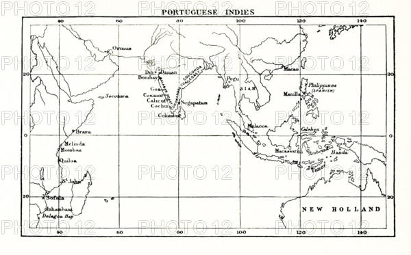 This map shows the Portuguese exploits in the Indies - the waters and lands around India during the Age of Exploration.