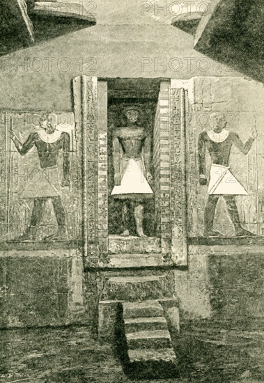 Stele in the form of a door, and the statue of the tomb of Mirruka, drawn by Boudier from a photograph of the tomb of Mirruka drawn by M de Morgan.  Mirruka is now more commonly spelled Mereruka.  The mastaba of Mereruka is the largest and most elaborate of all the non-royal tombs in Saqqara with 33 rooms or chambers in total. Mereruka was the vizier to king Teti (C 2323-2191 BC)the first ruler of the 6th dynasty (c 2323-2150 BC) Old Kingdom period of Egypt.