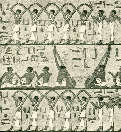 Men and women singers, flute-players, harpists, and dancers from the tomb of Ti (also spelled TY). The Mastaba of Ti was discovered by Auguste Mariette in 1865. This grand and detailed private tomb is not only Old Kingdom art at its best but also one of the main sources of knowledge about life in Old Kingdom Egypt. Its owner, Ti, was overseer of the Abu Sir (also spelled Abusir) pyramids and sun temples (among other things) during the 5th dynasty ( c 2465-2323 BC). Ti was a hairdresser to the royalty during the early V Dynasty, as well as controller of the farms and stock that belonged to the royal family. In fact, the superb quality of his tomb is in keeping with his nickname, Ti the Rich. Abusir is the Arab name given to the Greek town of Busiris and the Old Kingdom necropolis in its vicinity. Here you see wall paintings showing men and women singing, playing the flute, and dancing.