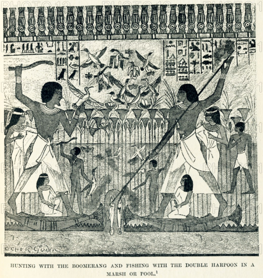 In ancient Egypt; fowling was often done with a type of boomerang as seen here. Fishing was done with a harpoon (and it could be a double harpoon as seen here)  made either of stone or of metal; a line; a net; or; traps. Where the ponds failed the neighbouring Nile furnished them with inexhaustible supplies. Standing in light canoes or supported by a plank on bundles of reeds bound together; they ventured into mid-stream; in spite of the danger arising from the ever-present hippopotamus, or they penetrated up the canals amid a thicket of aquatic plants, to bring down with the boomerang the birds which found hiding there. Here, in this tomb wall painting, they are in a marsh or pool. The drawing is by Francois-Gudin after a photograph by Gayet and is accompanied text in Gaston Maspero's History of Egypt (1903).