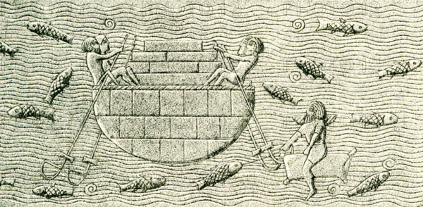 This bas relief fround at Koyunjik shows a kufa laden with stones, and manned by a crew of four men. It was drawn by Faucher-Gudin for Gaston Maspero's book on the History of Egypt. Behind the kufa may be seen a fisherman seated astride on an inflated skin with his fish-basket attached to his neck. A kufa is a round wicker basket, made of close willow work that has been coated with a bituminous substance found locally and making it waterproof, and was commonly found in the ancient area known as Mesopotamia. It is moved and steered with paddles. A kufa usually holds three to four people. Koyunjik was the site of the palace of the Assyrian king Sennacherib (705-681 B.C.) and is the name natives give to Nineveh.