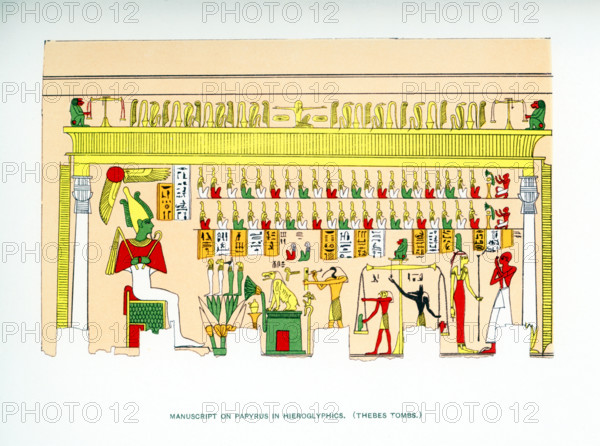 Pictured here is a manuscript drawn on papyrus of hieroglyphs and art found in an ancient Egyptian tomb in Thebes, with its many rock-cut tombs, in southern Egypt. This illustration dates to 1903 and appeared in the book History of Egypt by French Egyptologist Gaston Maspero. It brings together many of the scenes found in the tomb. Among these are  the god of the underworld Osiris (his skin color green, symbolizing rebirth) sitting at left. In front are the four sons of Horus (Horus was Osiris' son). The god of writing Thoth is inscribing on a a rectabgular piece of papyrus. The scales to judge the deceased follow.