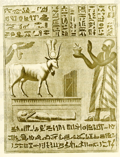 This art and text was part of an Egyptian manuscript that was found in the swathing of an ancient Egyptian mummy. This illustration dates to 1903 and appeared in the book History of Egypt by French Egyptologist Gaston Maspero.